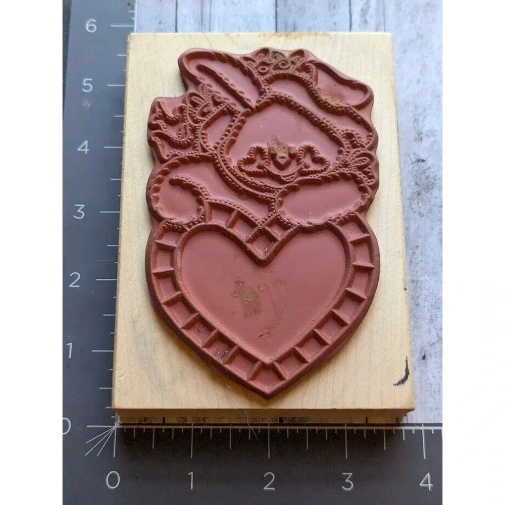 Darcie's Bunny Holding Heart Flower Hat Rubber Stamp Wood #C19
